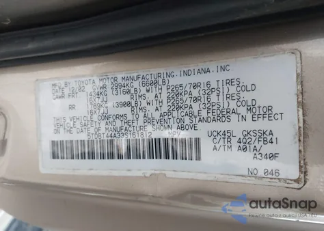 2003 Toyota Sequoia Sr5 V8 z USA, uszkodzony, nr VIN 5TDBT44A33S161812